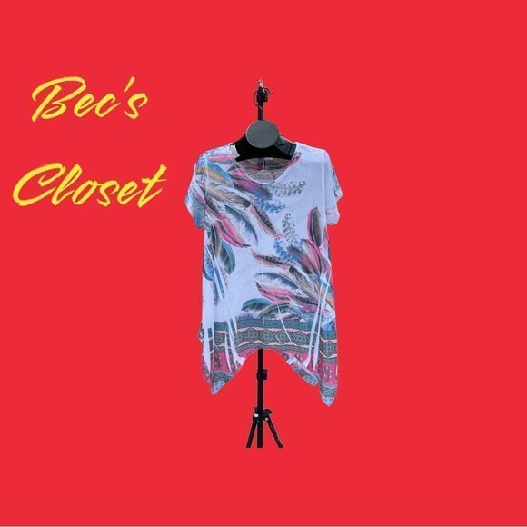 blush Light Asymmetrical Blouse Blue Pink Tan Feathers Size 2X - Picture 7 of 7